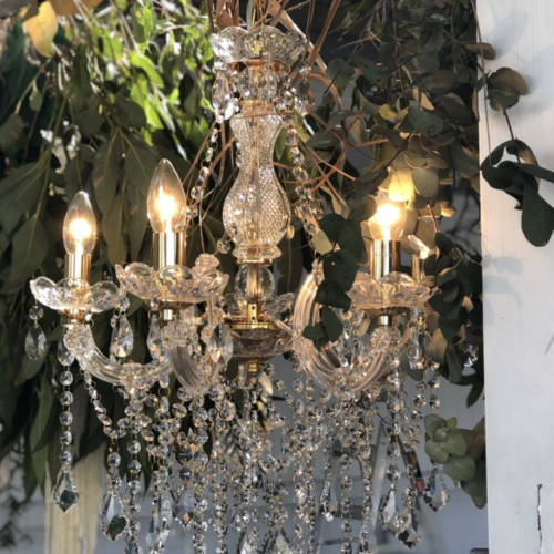 GOLD 5-ARM CRYSTAL CHANDELIER