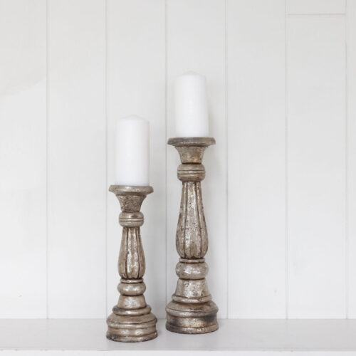 ANTIQUE SILVER HAND-CARVED PILLAR CANDLEHOLDER